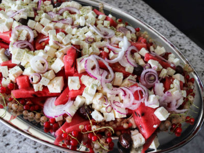 water melon salad with onions and feta cheese