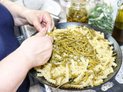 angela carnelutti preparing pasta salad with asparagus