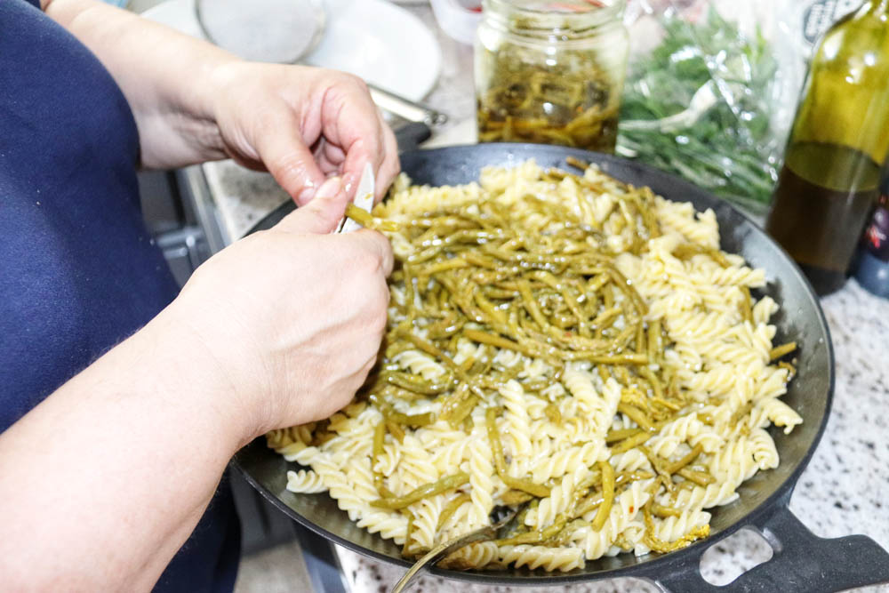 Angela Carnelutti preparing pasta salad with asparagus
