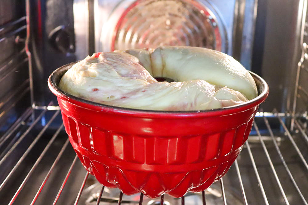 Risen yeast ring dough in the oven
